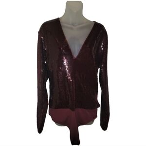 EXPRESS, Women's Wine V-Neck Sequined Bodysuit, Sz XL